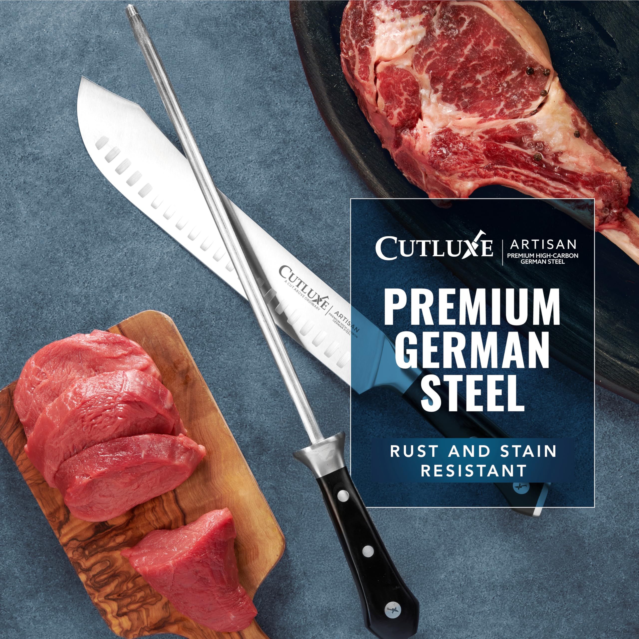 Cutluxe honing rod on kitchen counter in lifestyle scene for everyday knife maintenance
