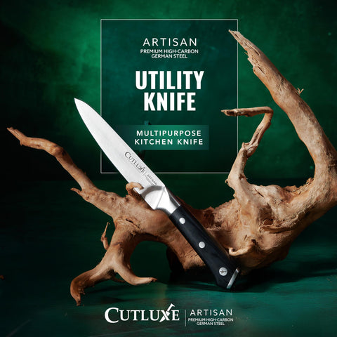 Cutluxe knife in use slicing apple for clean, controlled prep benefit