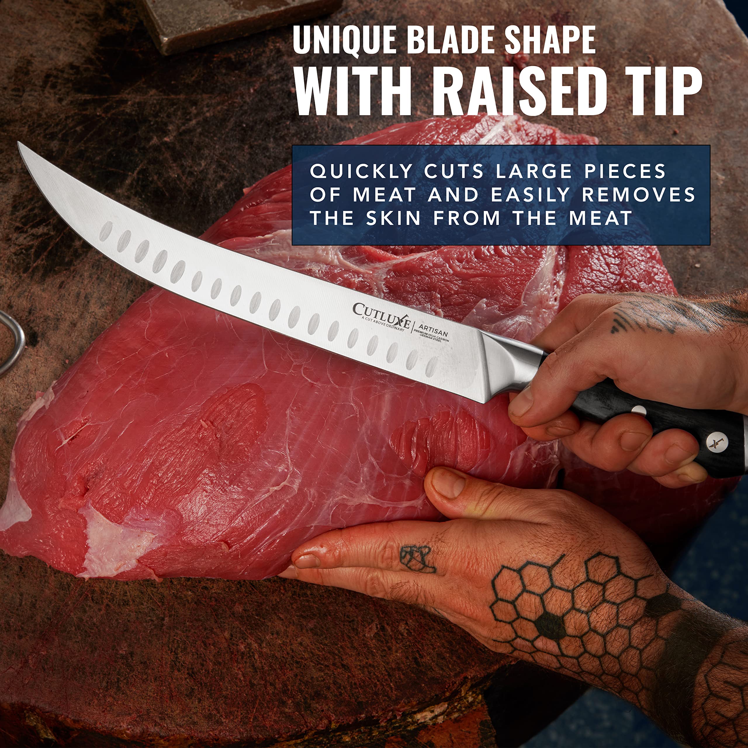 Cutluxe slicing brisket in use to achieve even, long presentation slices