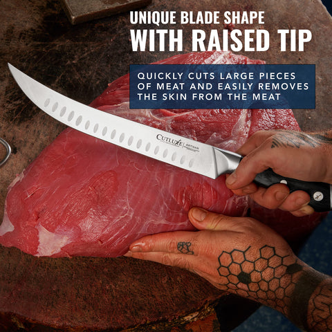 Cutluxe slicing brisket in use to achieve even, long presentation slices