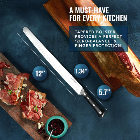 Cutluxe knife resting beside plated roast illustrating presentation control