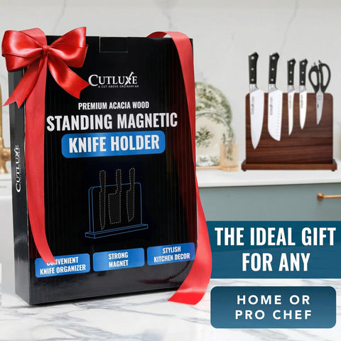 Cutluxe lifestyle kitchen scene with holder organizing knives and utensils