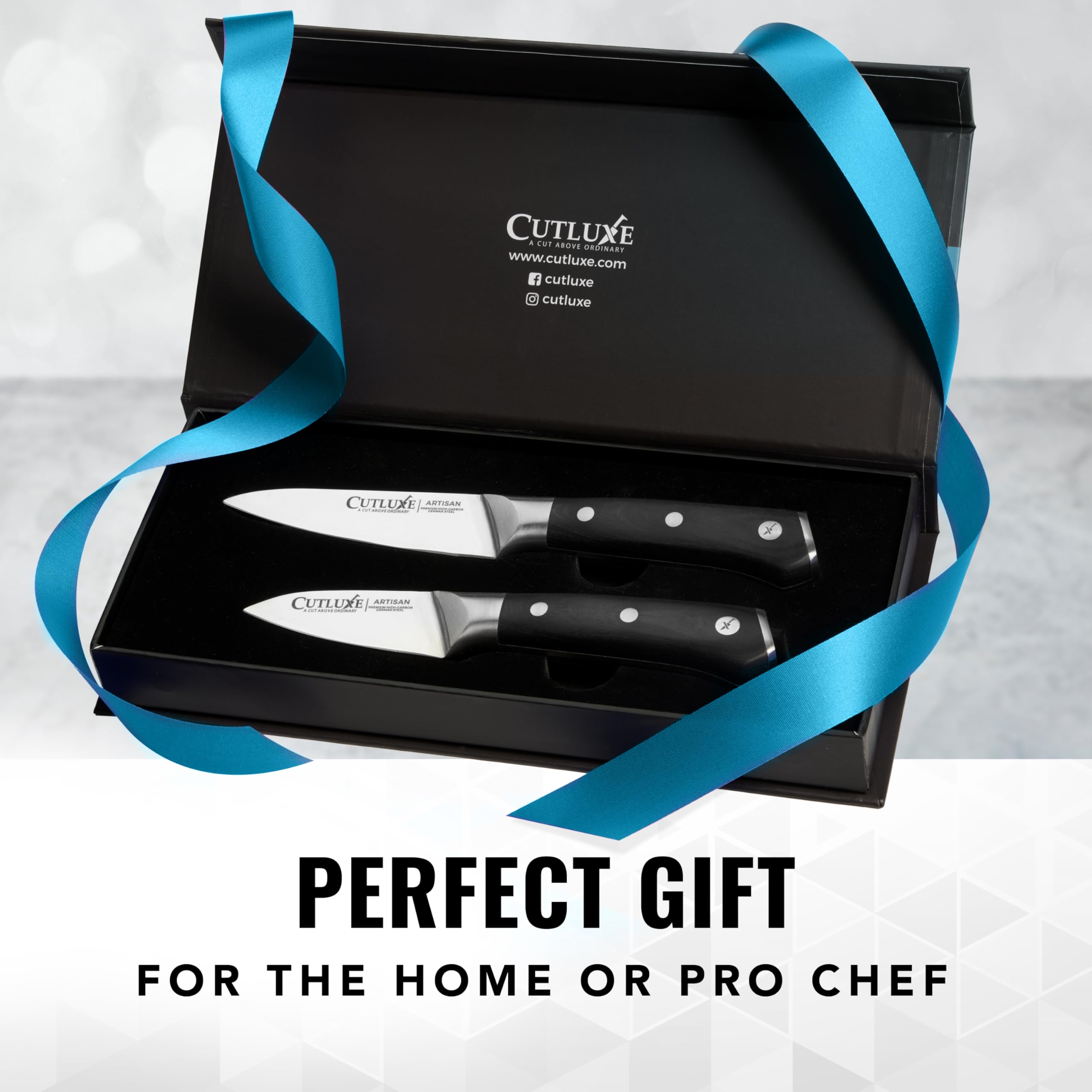 Cutluxe warranty card with knives highlighting lifetime protection
