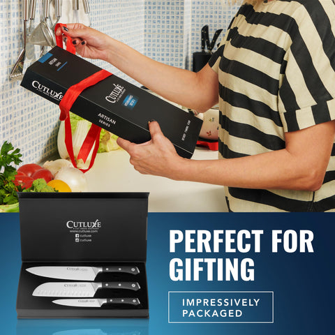 Cutluxe warranty card with tools illustrating lifetime warranty assurance