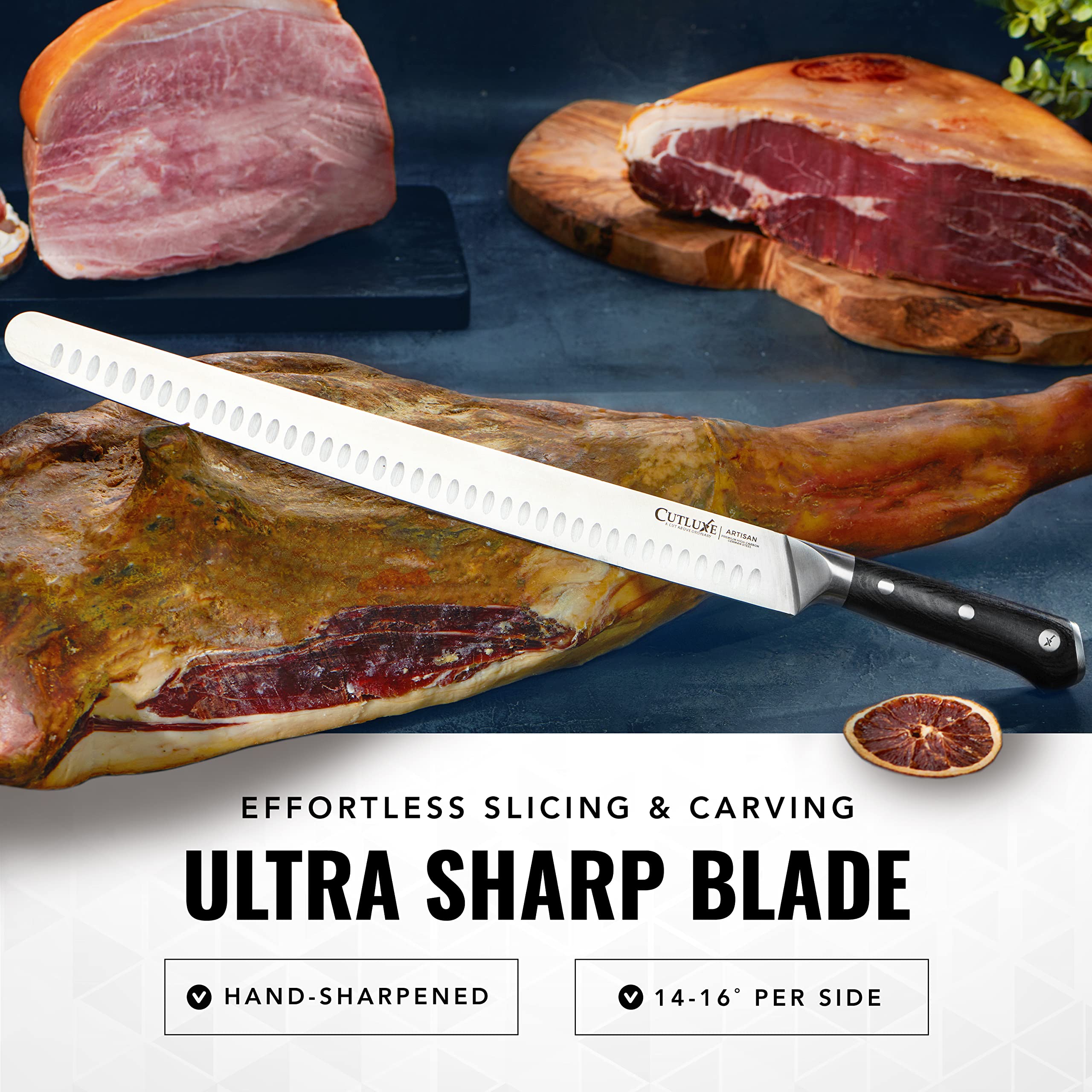 Cutluxe pakkawood handle detail offering comfortable secure grip