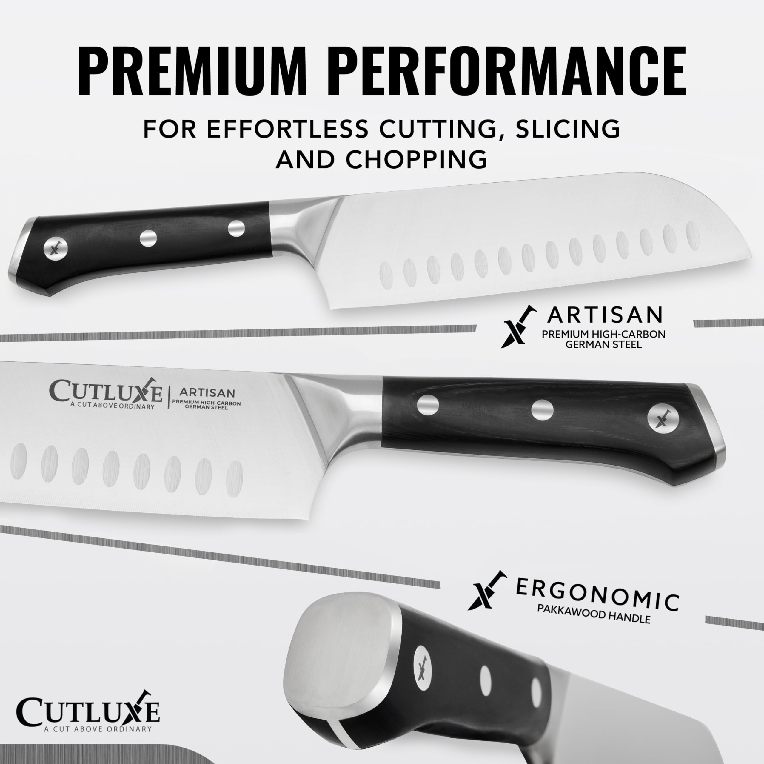 Cutluxe 7-inch santoku blade detail highlighting scalloped edge benefits