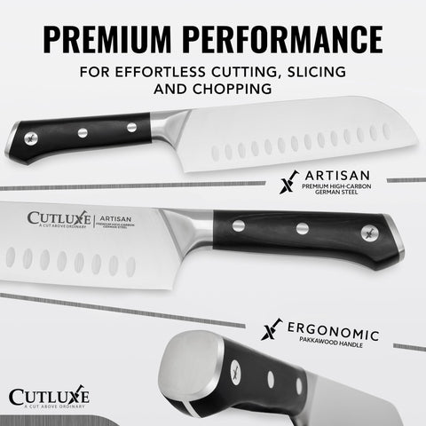 Cutluxe 7-inch santoku blade detail highlighting scalloped edge benefits