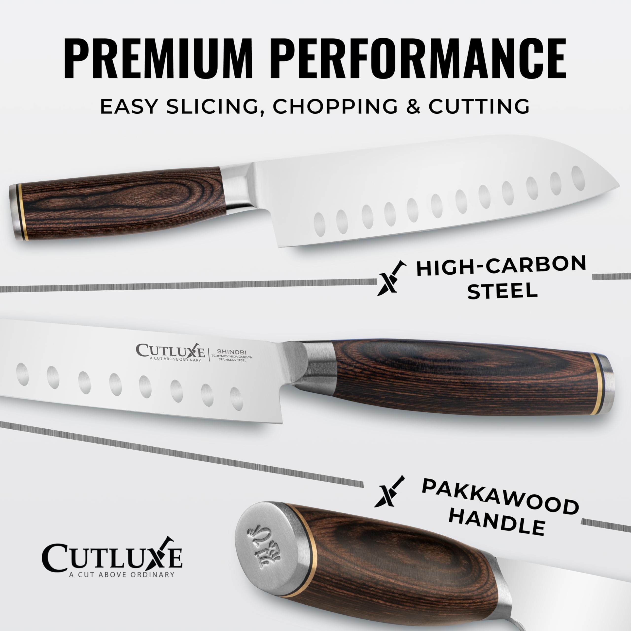 Cutluxe knife blade close-up highlighting sharp high-carbon edge for precise cuts