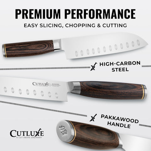 Cutluxe knife blade close-up highlighting sharp high-carbon edge for precise cuts