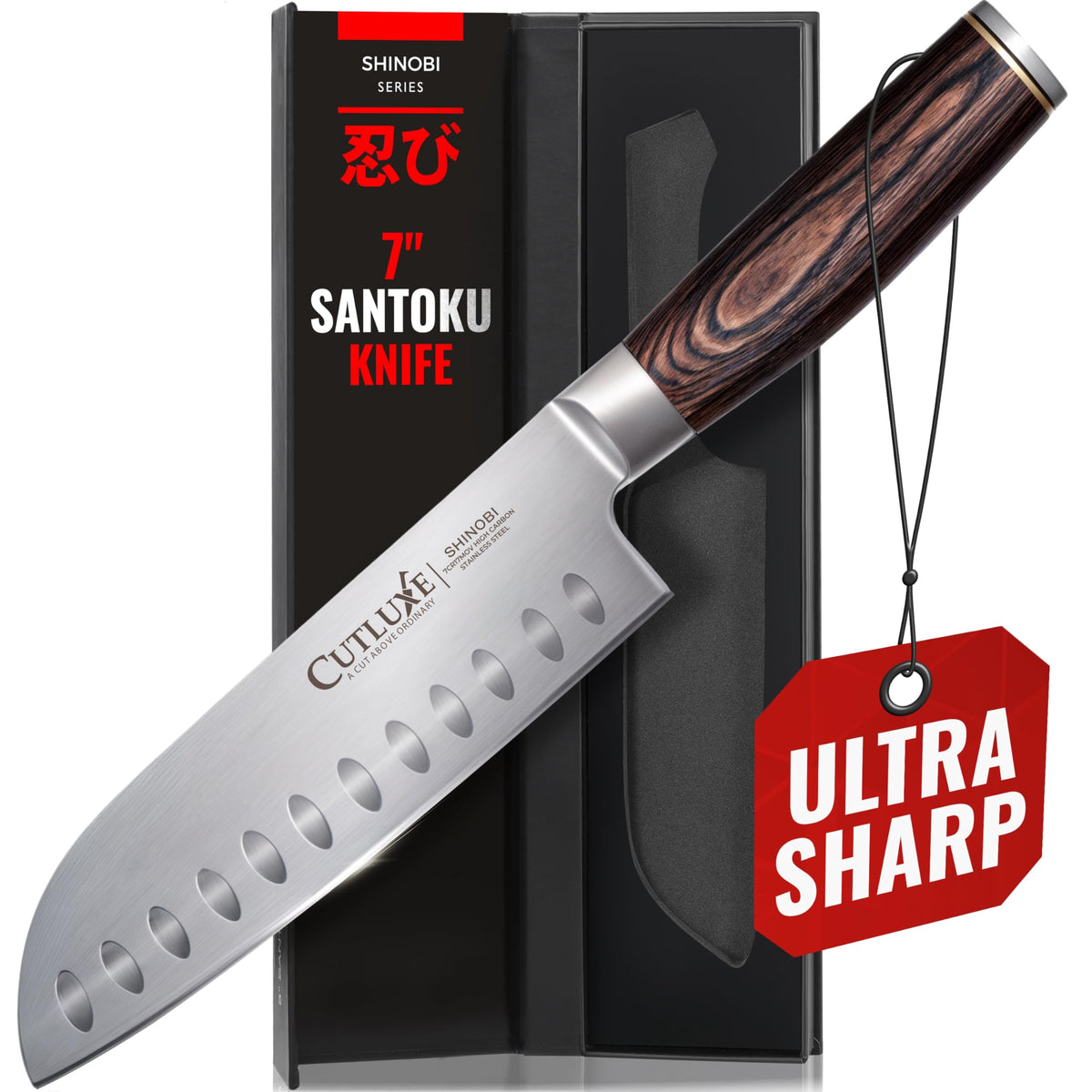 Cutluxe Santoku front view showing full blade and pakkawood handle for balanced control