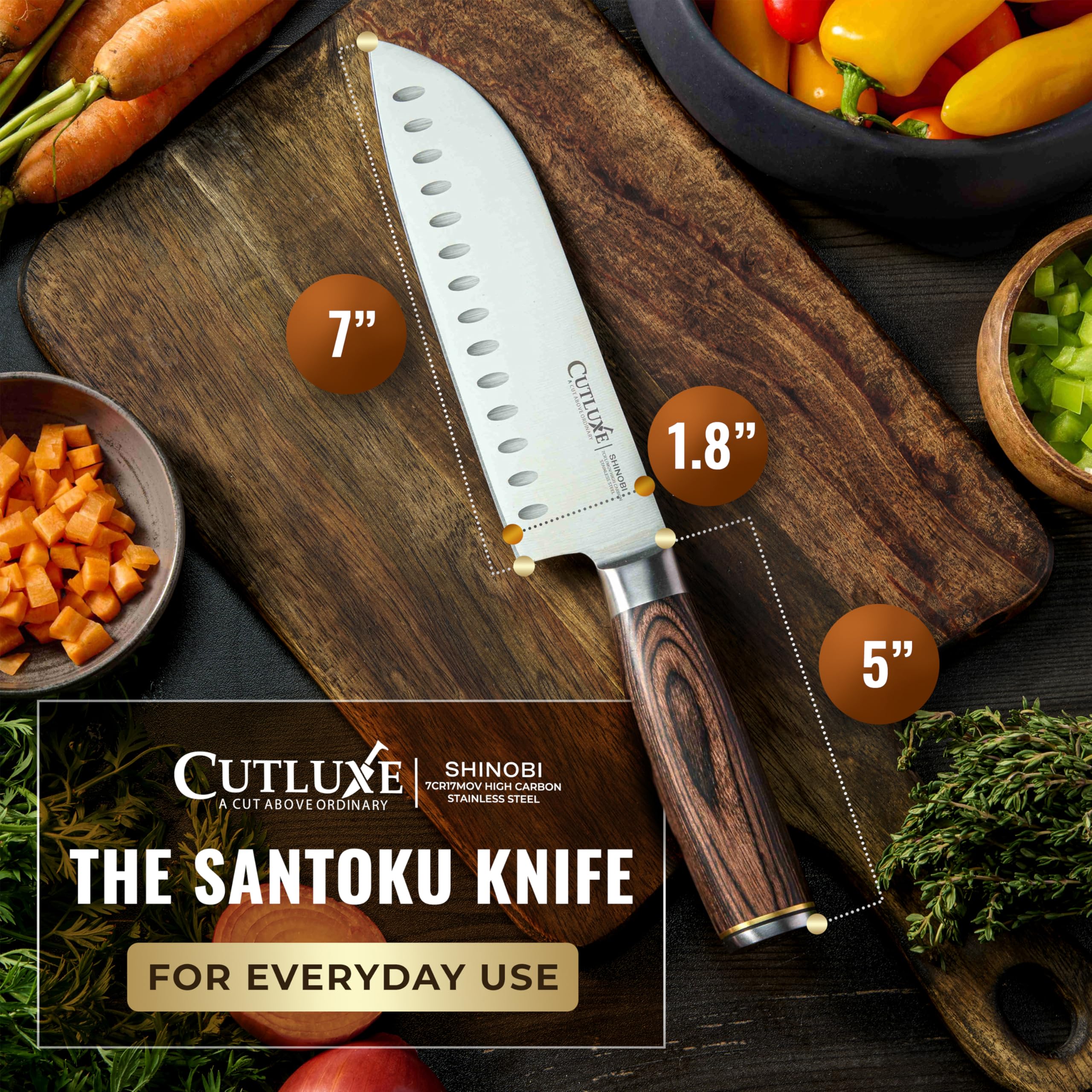 Cutluxe Granton edge profile close-up reducing food sticking for faster prep