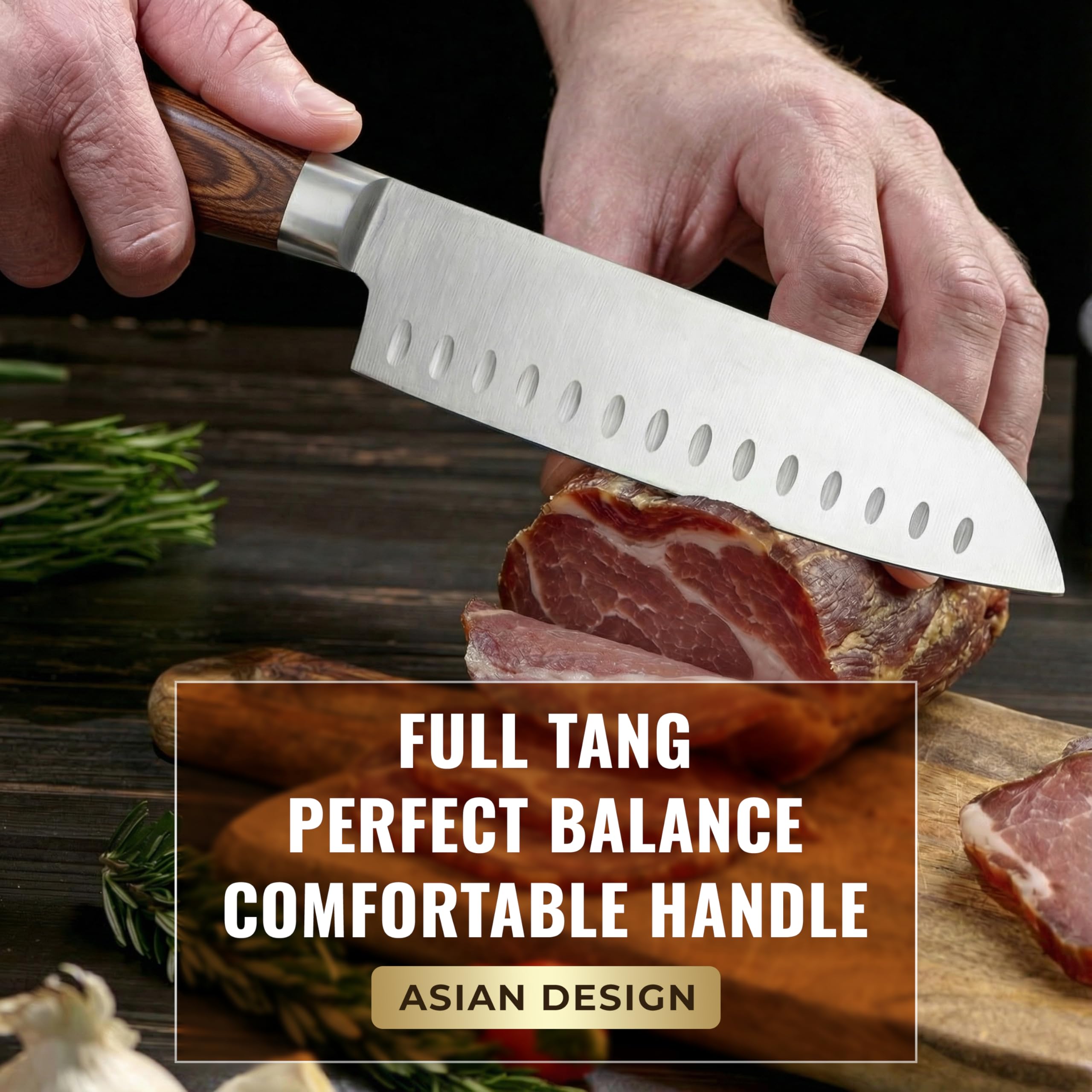 Cutluxe pakkawood handle detail displaying ergonomic grip for comfortable chopping