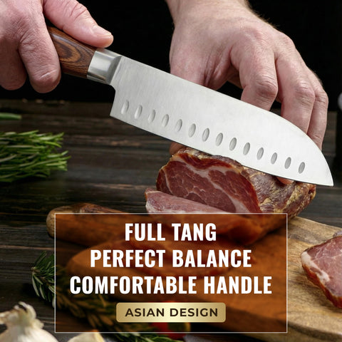 Cutluxe pakkawood handle detail displaying ergonomic grip for comfortable chopping