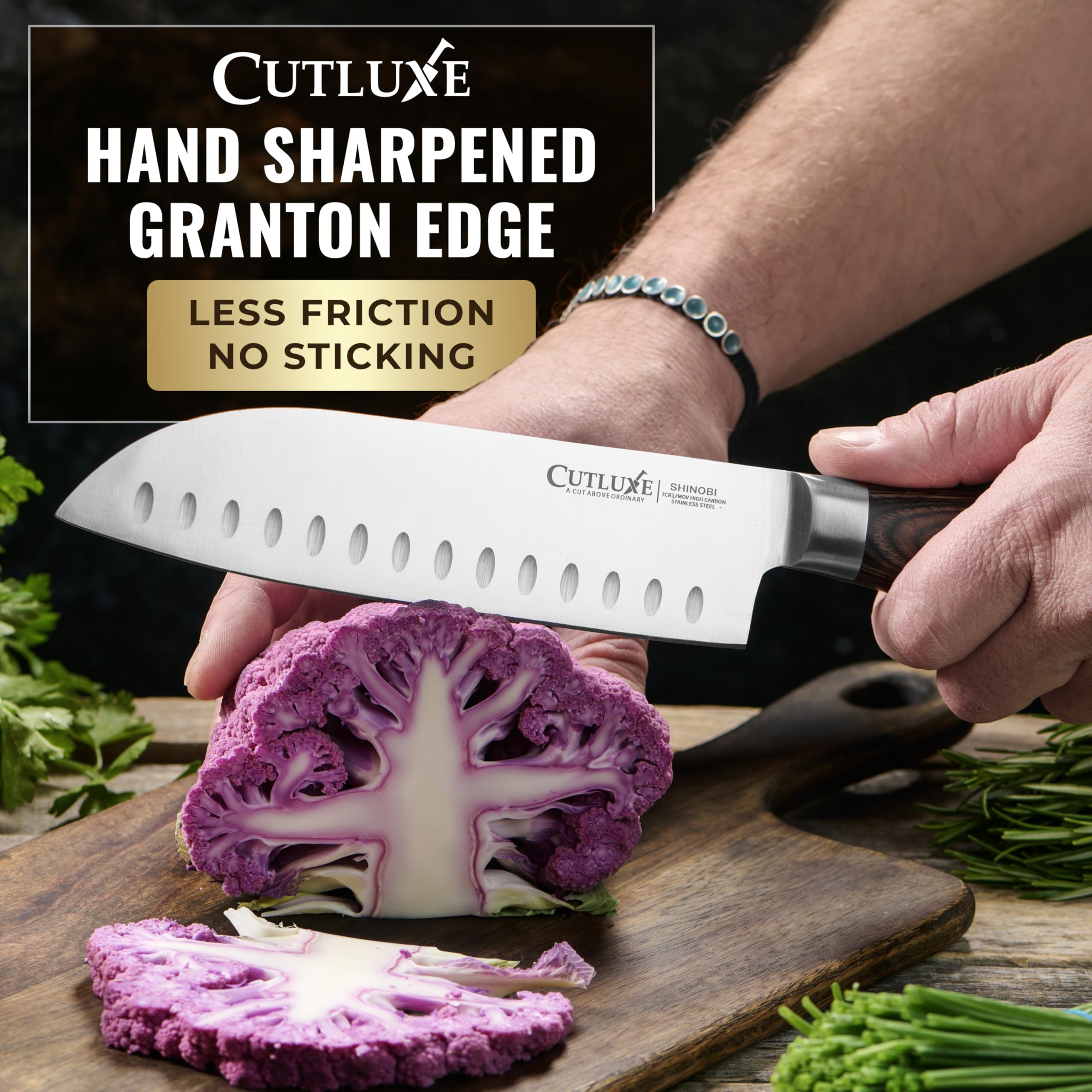 Cutluxe Santoku slicing tomatoes demonstrating smooth, stick-resistant performance