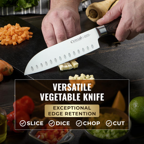 Cutluxe knife beside ruler to show 7 inch blade for scale and accurate fit