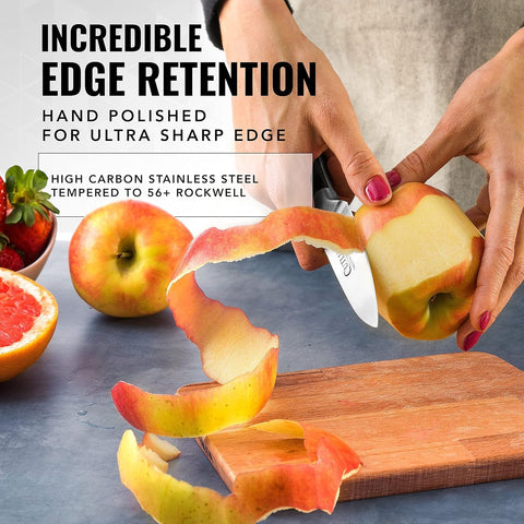 Cutluxe santoku slicing vegetables in use for effortless thin cuts