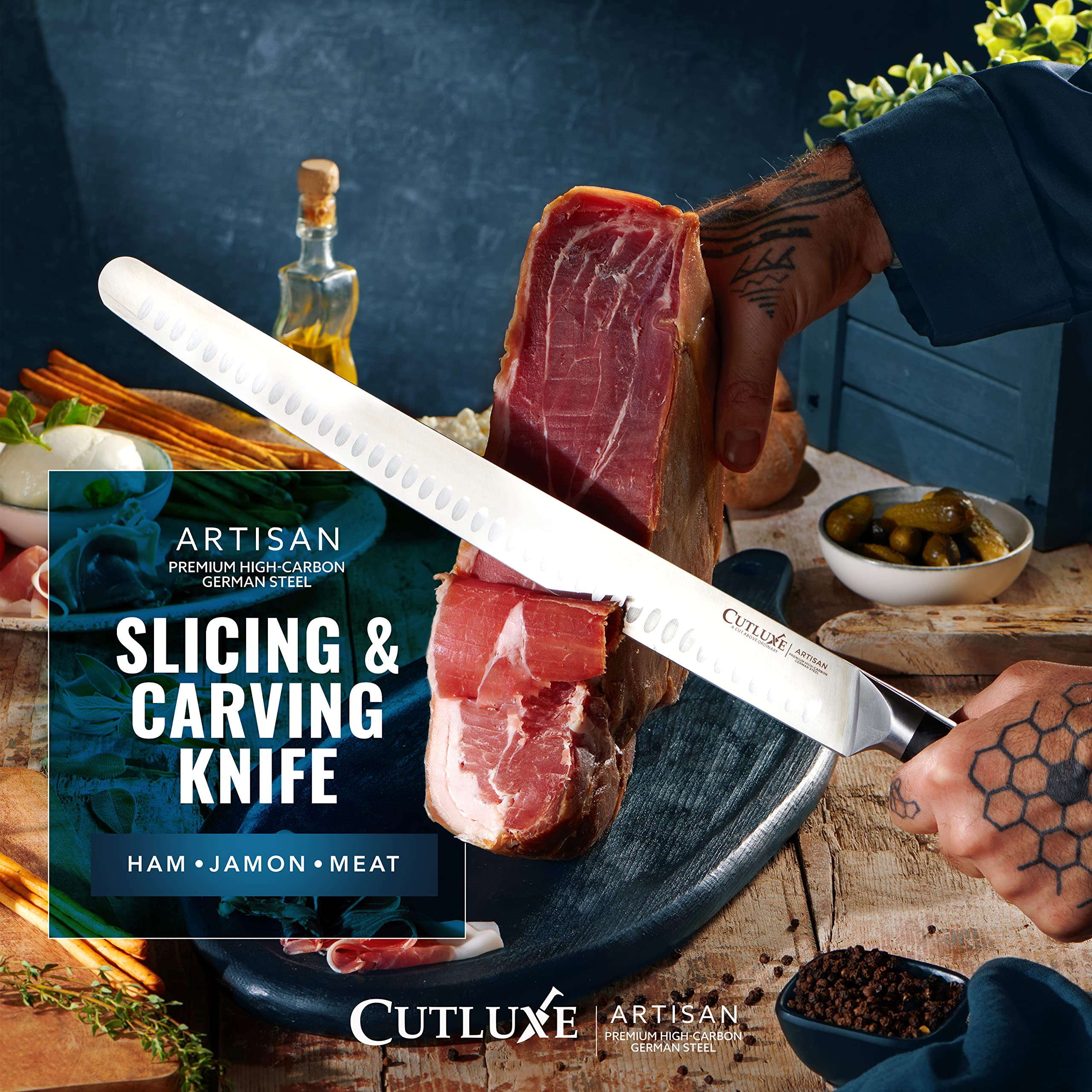 Cutluxe knife next to ruler for scale showing full 14-inch blade