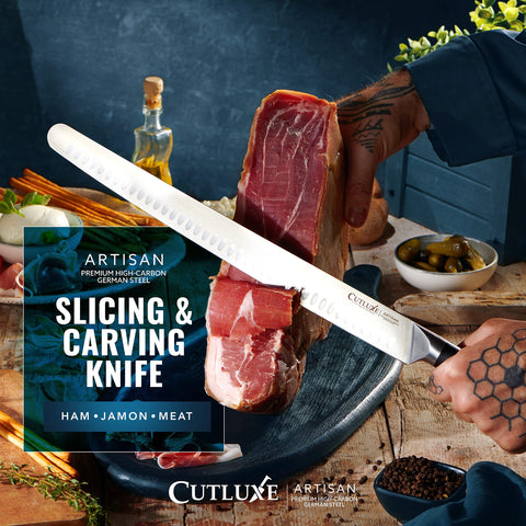 Cutluxe knife next to ruler for scale showing full 14-inch blade