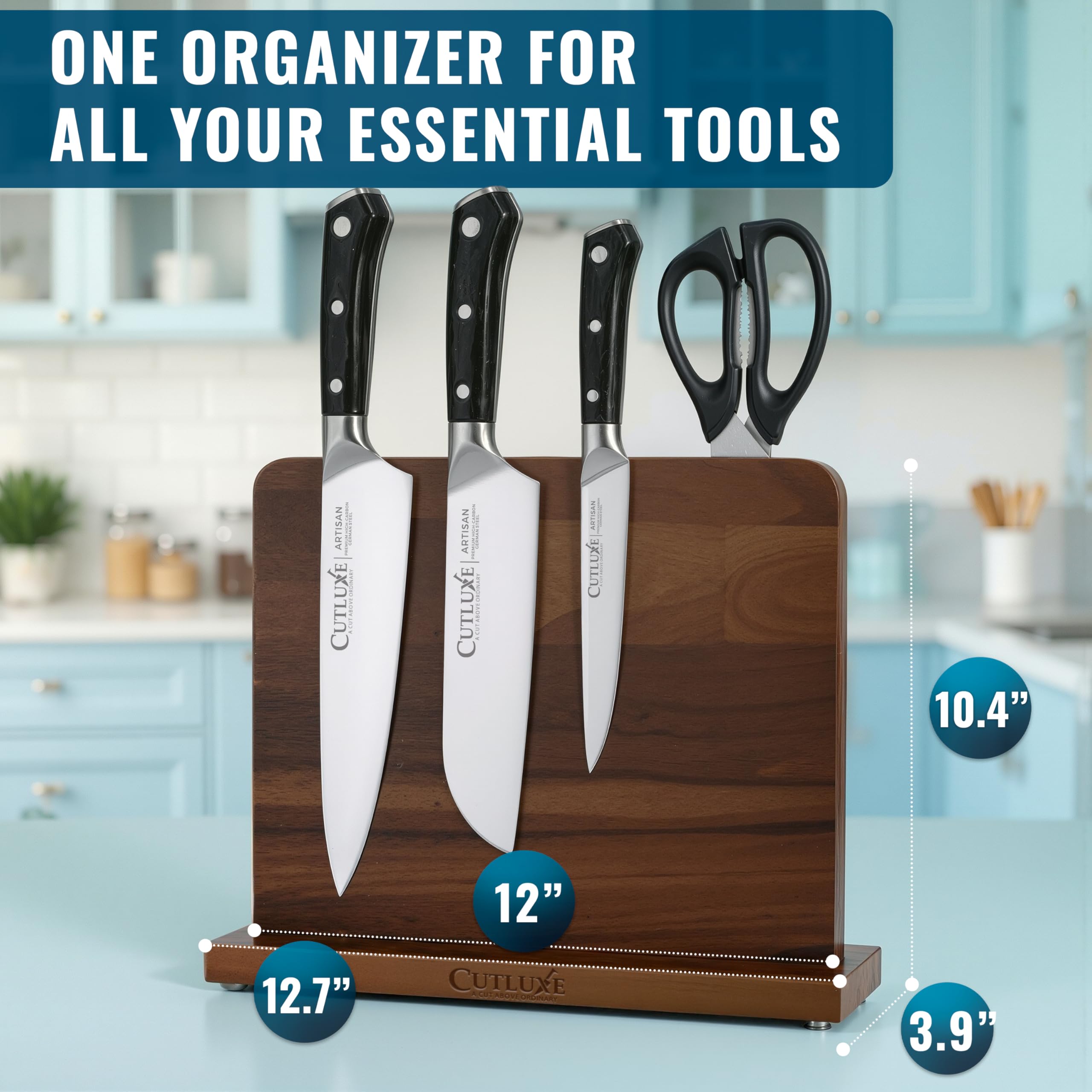 Cutluxe size comparison next to knife set showing compact space-saving design
