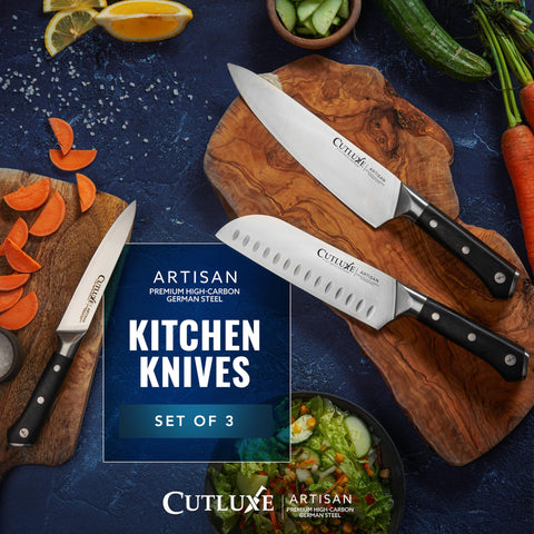 Cutluxe slicing demo on tomato and fish showing clean, effortless cuts
