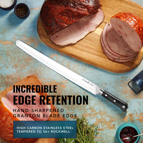Cutluxe carving brisket in use demonstrating smooth single-pass slicing