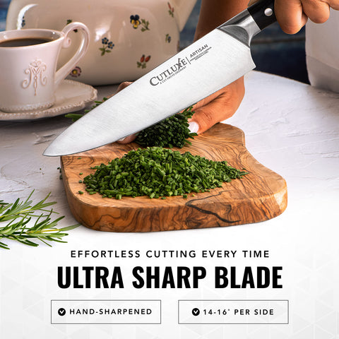 Cutluxe 5.5-inch utility knife held to show scale and comfortable control