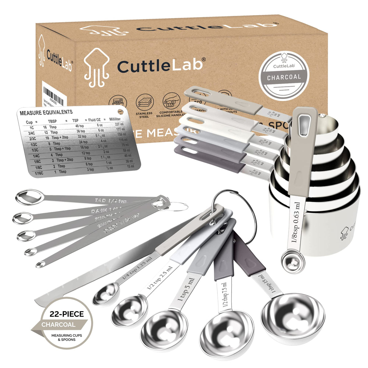 CuttleLab front view of full 22-piece charcoal set showing organization and completeness