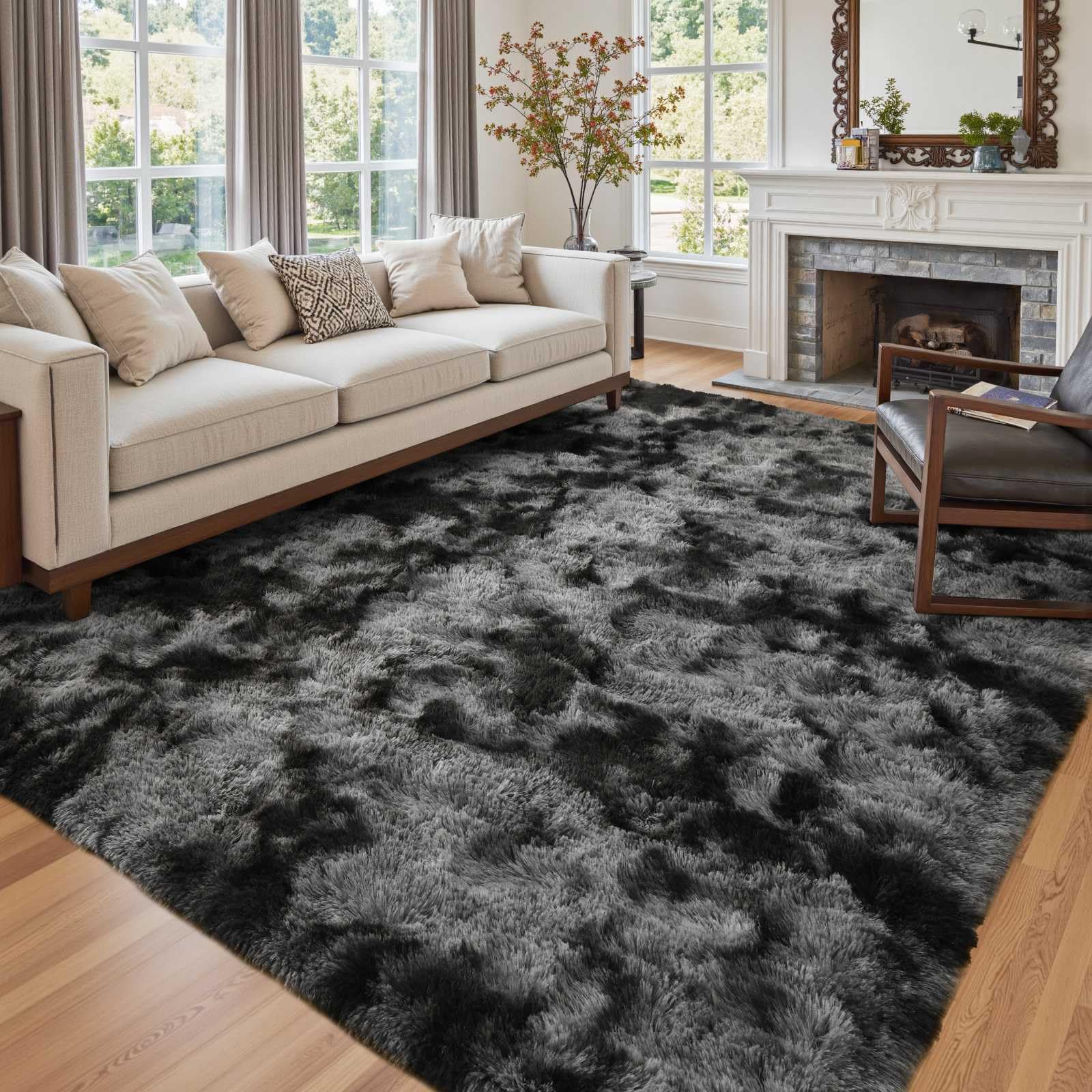Cuzwlovita front view of dark grey shag rug showing modern tie-dye look and cozy appeal