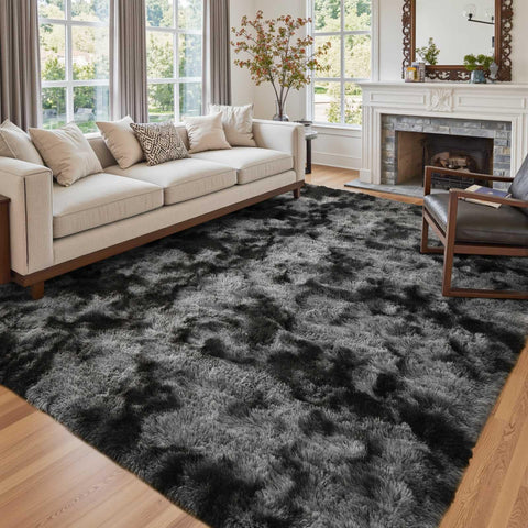 Cuzwlovita front view of dark grey shag rug showing modern tie-dye look and cozy appeal