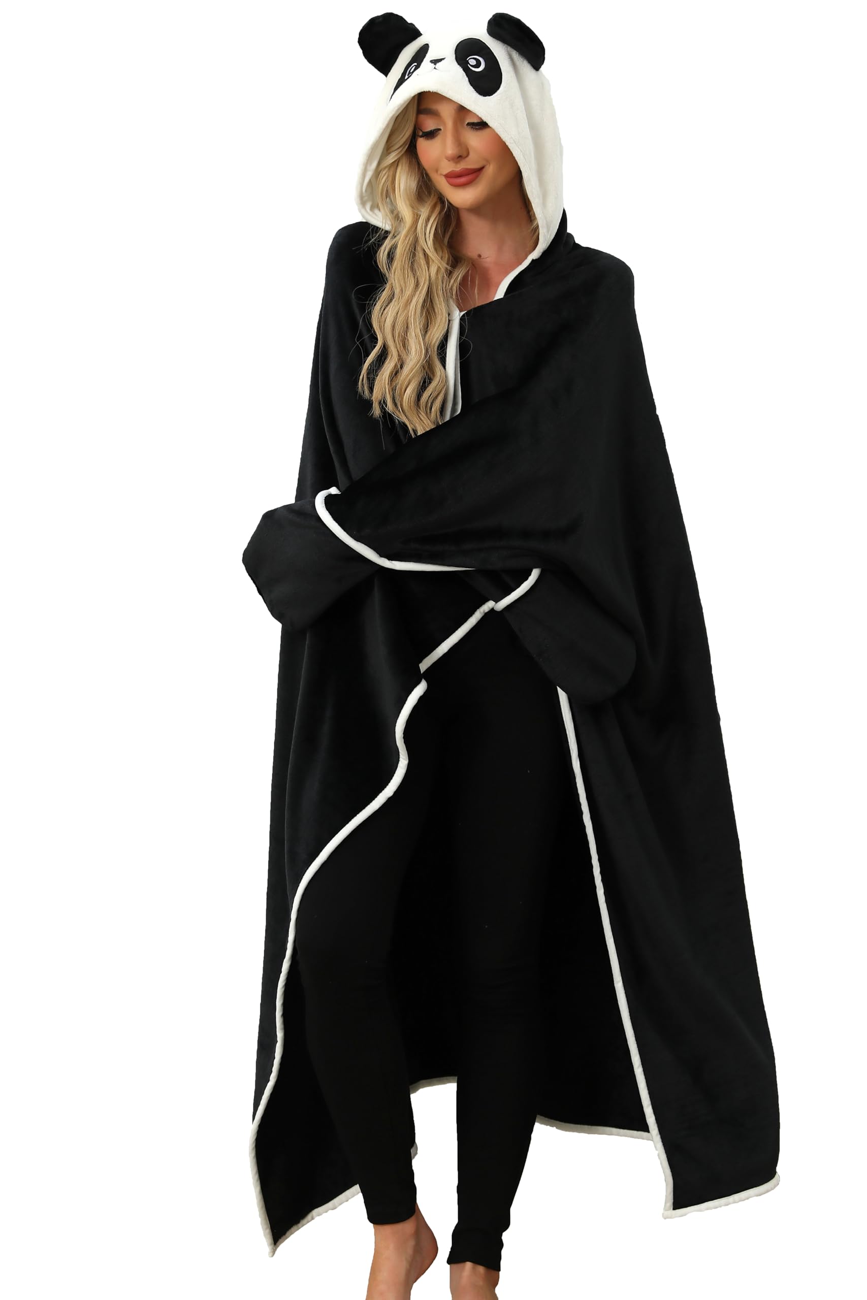 CWDGAGANB front view of panda hooded blanket showing full coverage and cute design