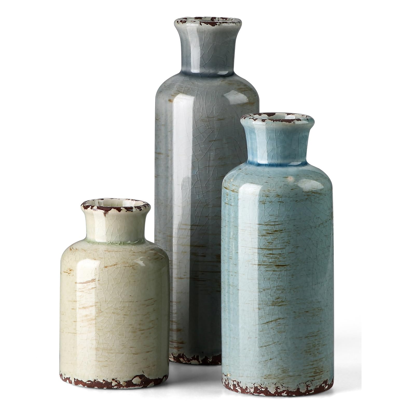 CwlwGO front view of three vases showing colors and shape, enhances tabletop styling