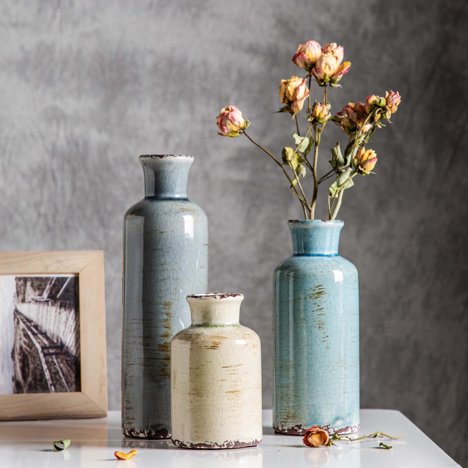 CwlwGO vase trio styled with faux flowers displaying easy styling benefits
