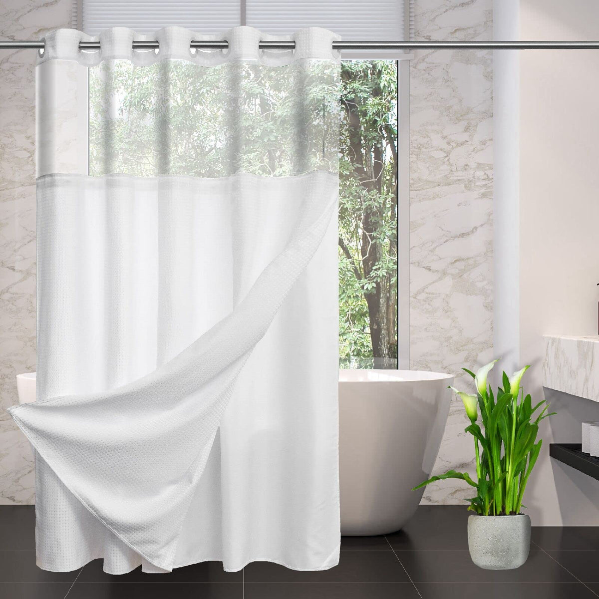 CYPL front view showing full white waffle curtain and elegant look for bathrooms