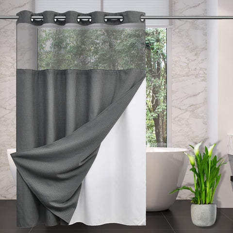 CYPL front view of grey waffle shower curtain showing clean hotel look