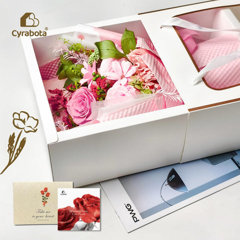 Cyrabota open gift box with vase and care card, showing complete ready-to-gift contents