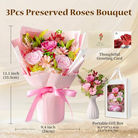 Cyrabota bouquet in included ceramic vase on table, showing ready-to-display centerpiece benefit