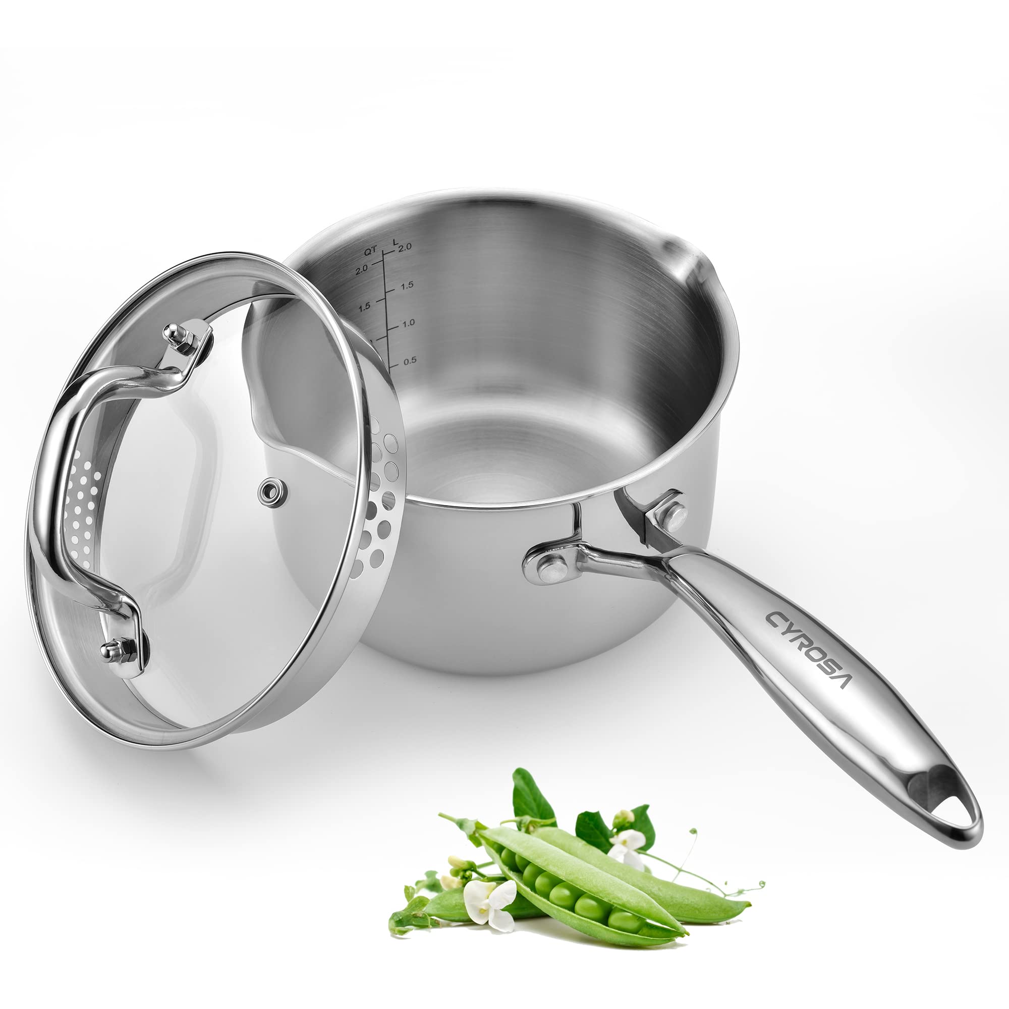 Cyrosa saucepan front view highlighting polished exterior and capacity benefit