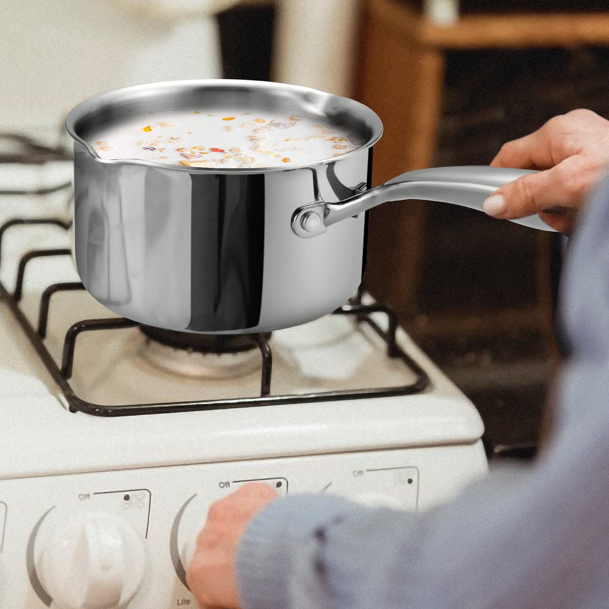 Cyrosa saucepan styled in kitchen setting showing elegant look and practicality