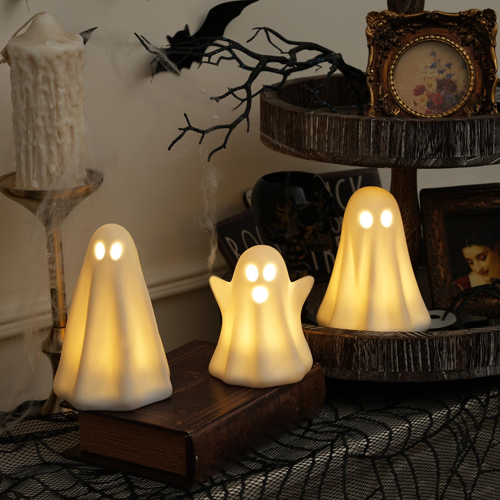 CYSKXYI front view of three ghosts showing cozy glow and decor versatility