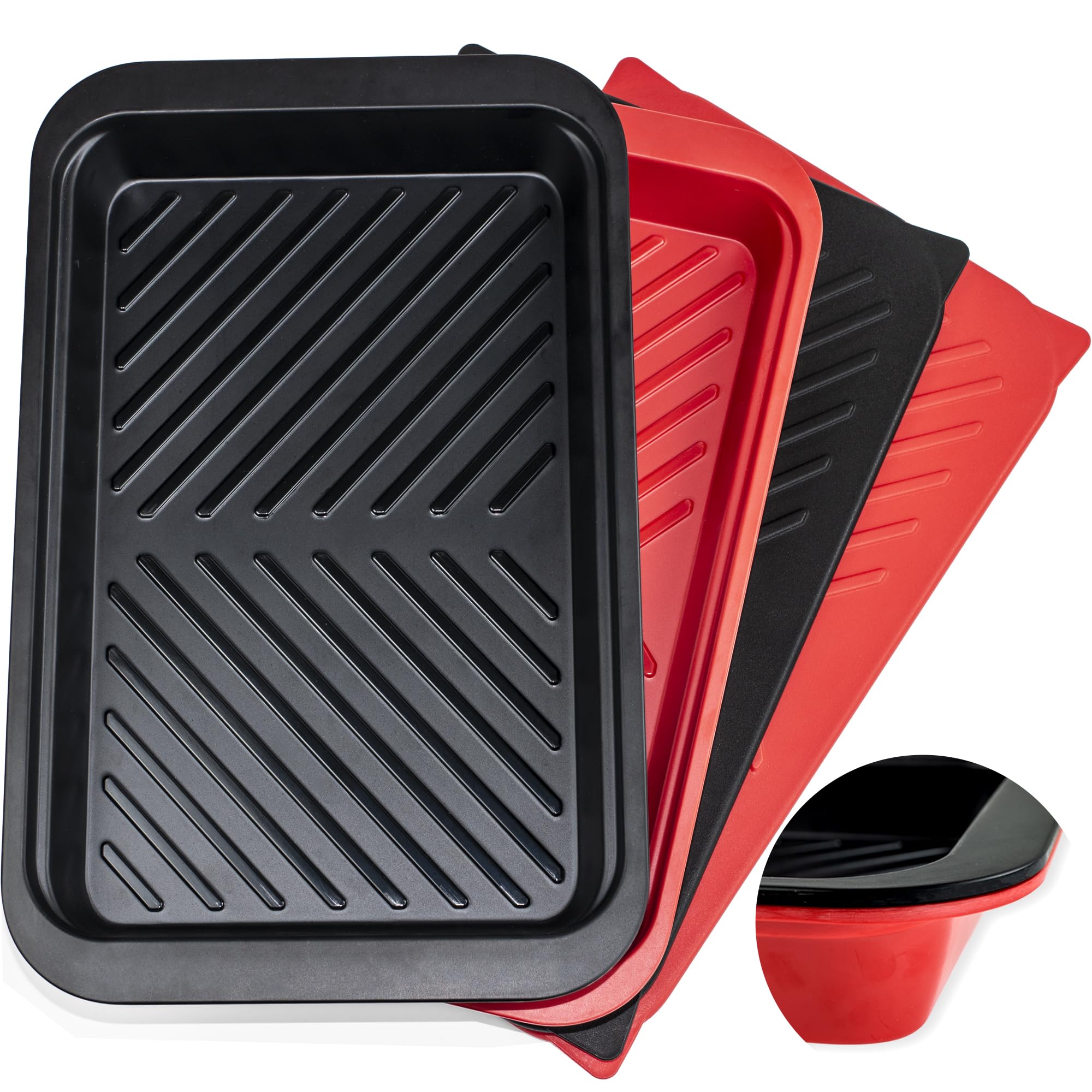 Czlizdyt front view of red and black trays showing lids and compact set, convenient organization