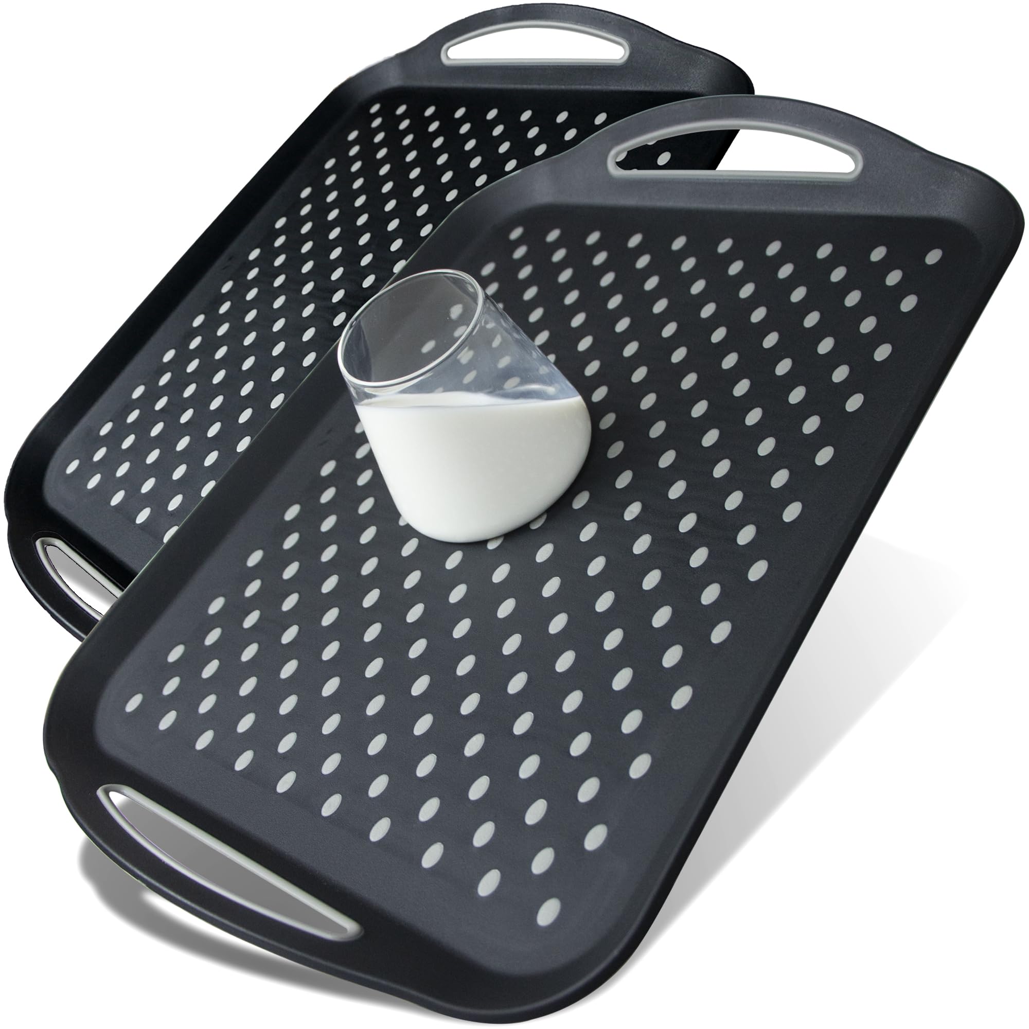 Czlizdyt tray front view showing large black surface and handles for easy serving