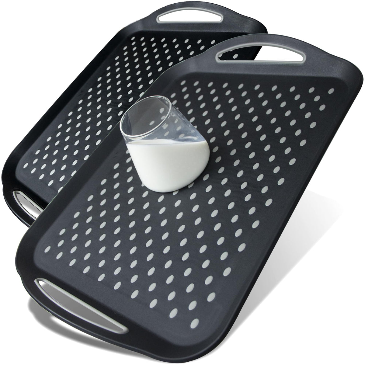 Czlizdyt tray front view showing large black surface and handles for easy serving