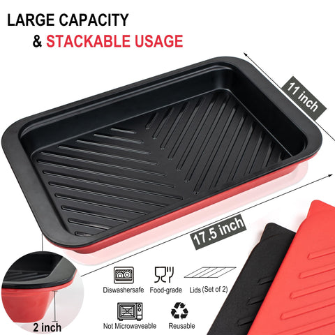 Czlizdyt red prep tray with marinating chicken demonstrating safe separate raw handling
