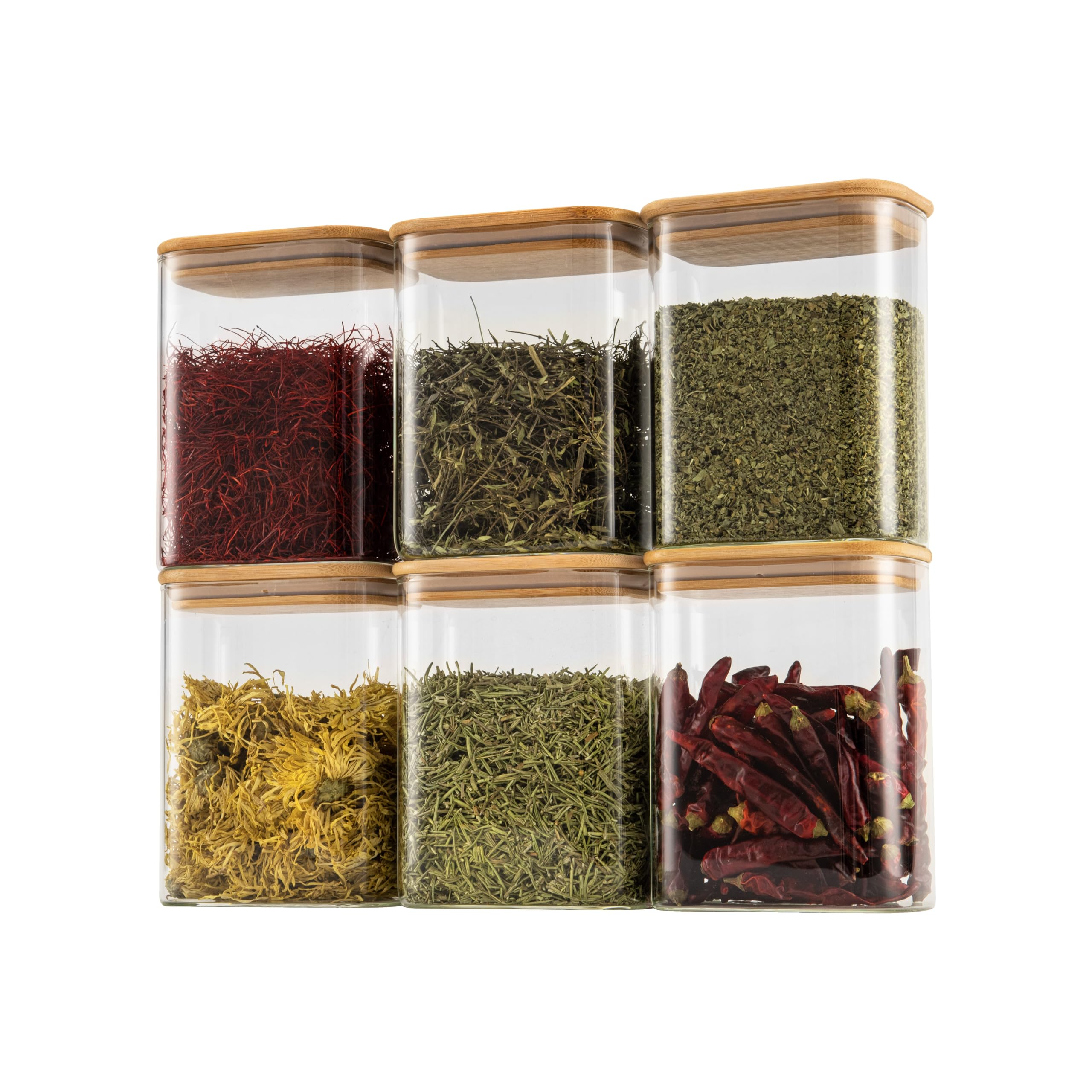 D2scrma front view of six glass containers showing clear jars and bamboo lids for neat storage