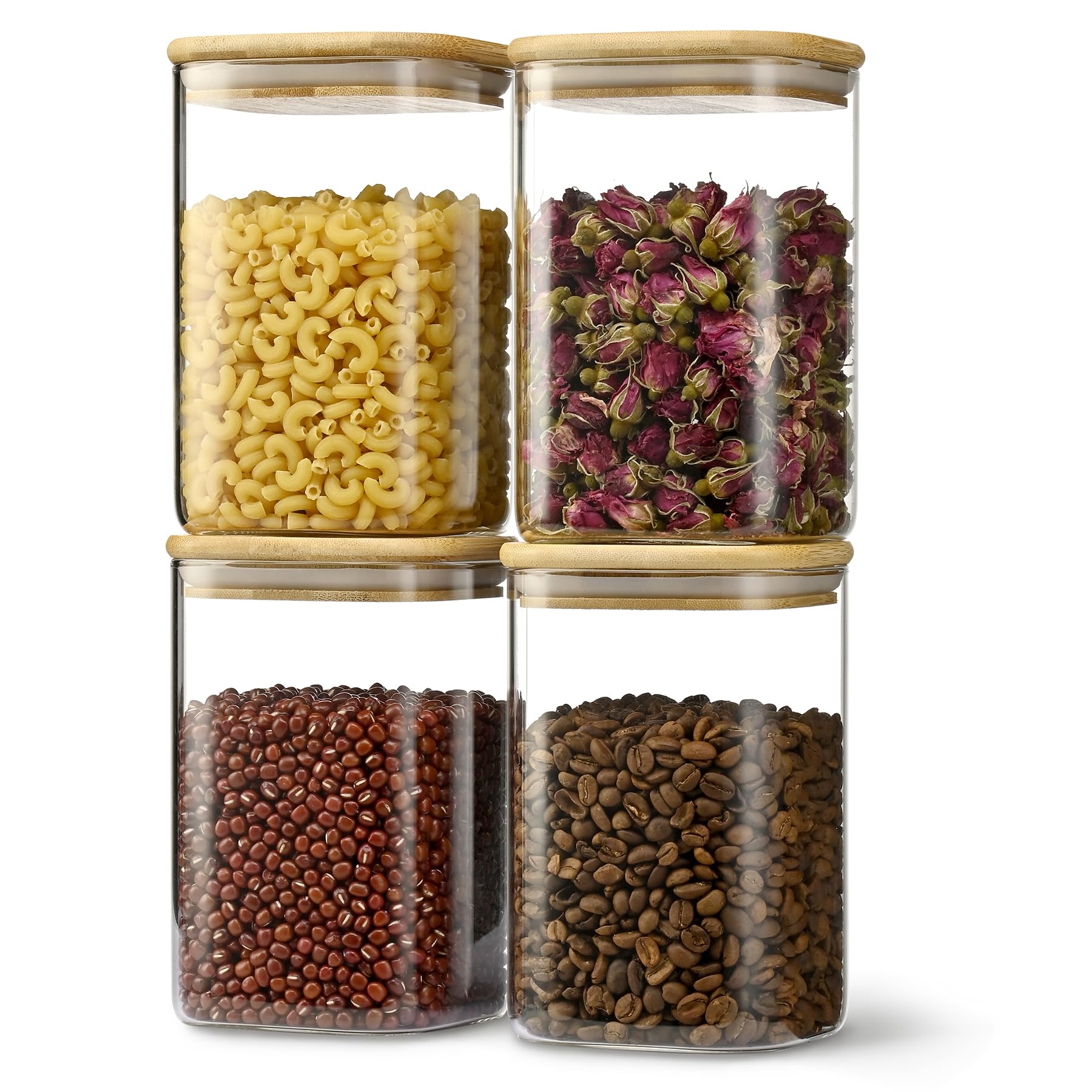 D2scrma front view of four glass jars showing neat organization and visibility