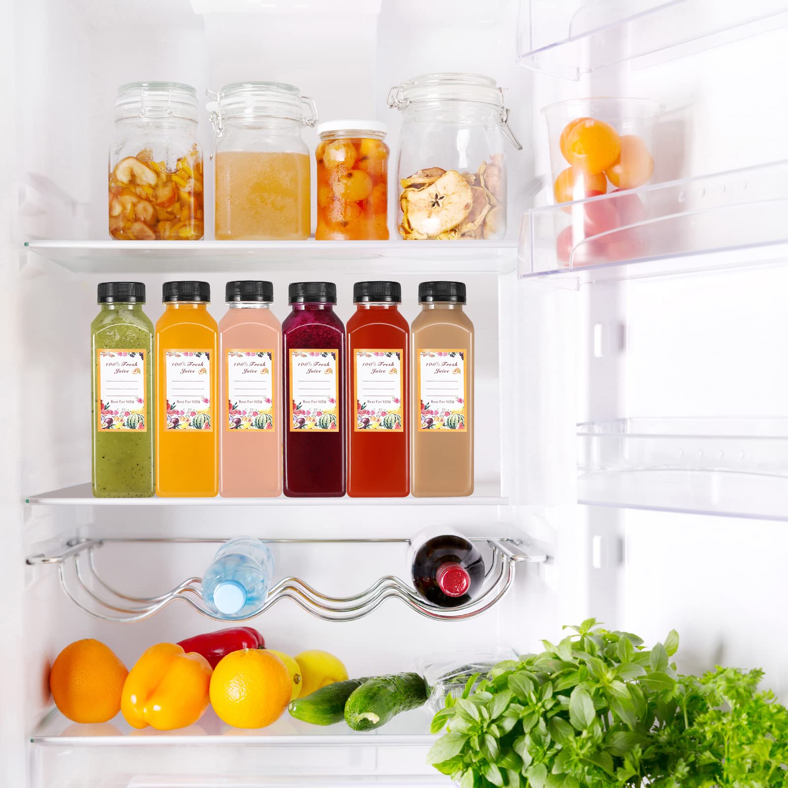 Dabacc labeled bottles in fridge for organized beverage storage