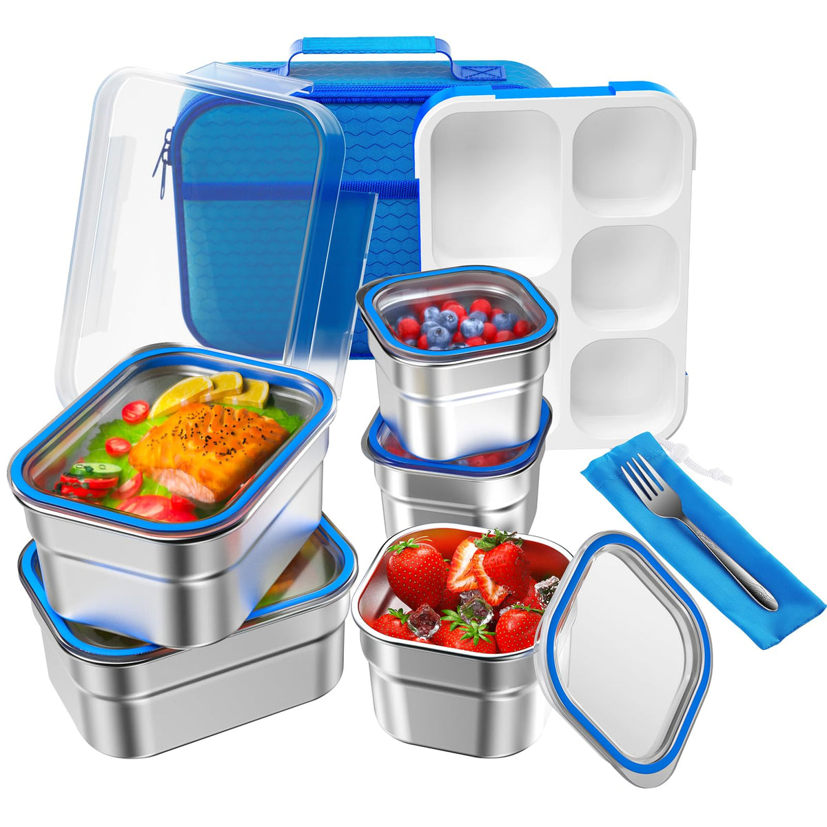 DaCool front view of navy-blue bento set showing compact portability and secure clips