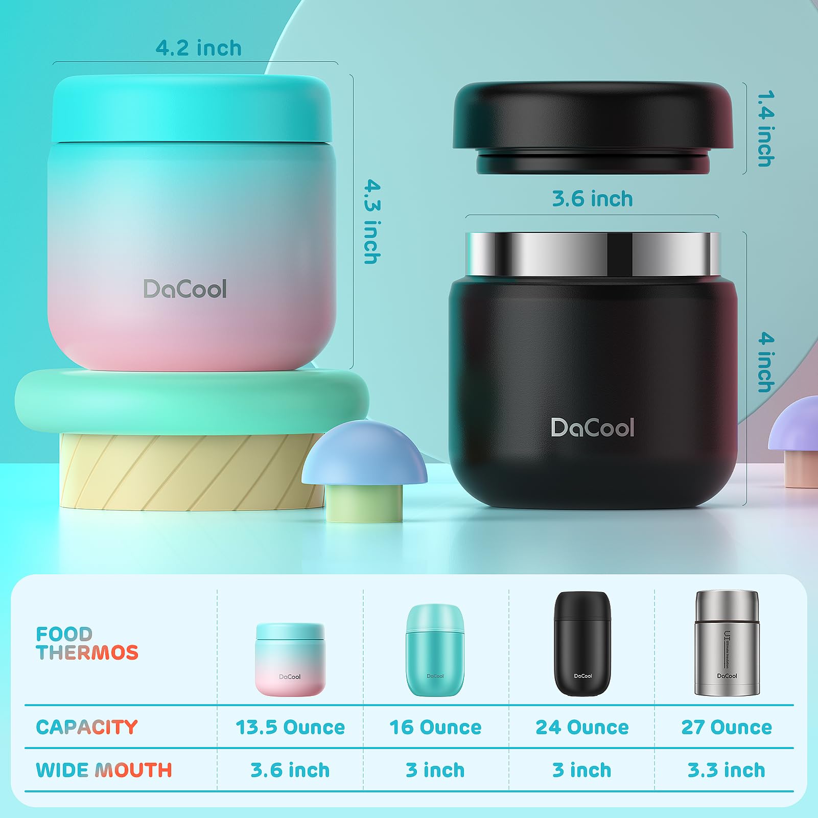 DaCool next to a spoon showing 13.5oz capacity and compact size for travel convenience