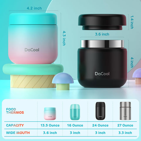 DaCool next to a spoon showing 13.5oz capacity and compact size for travel convenience