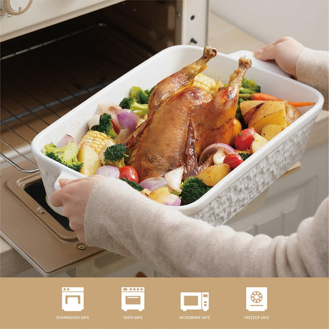 Dafuceramic casserole in oven with lasagna demonstrating oven-safe performance